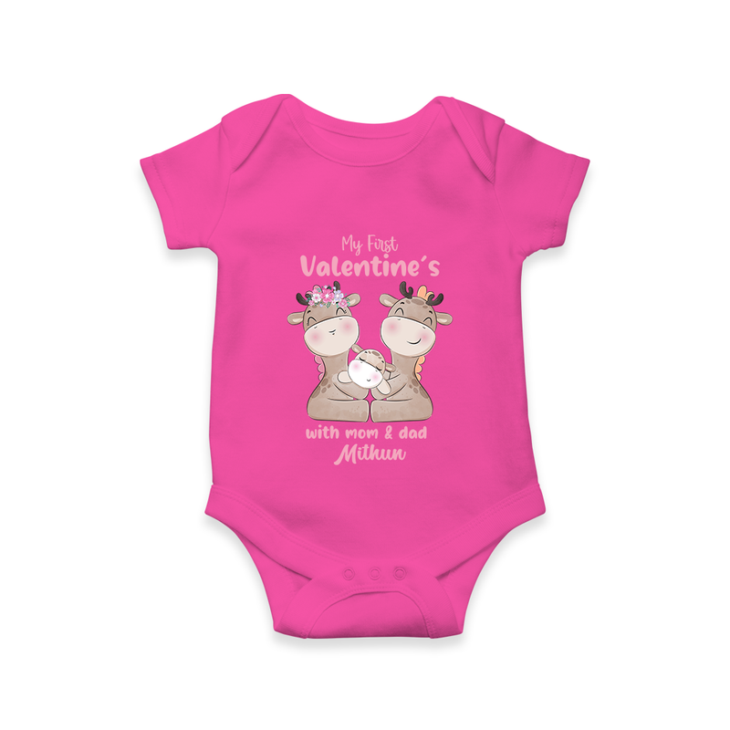 My First Valentine's Day With Mom And Dad - Where Love Blooms Customized Romper For Babies With Name - HOT PINK - 0 - 3 Months Old (Chest 16")