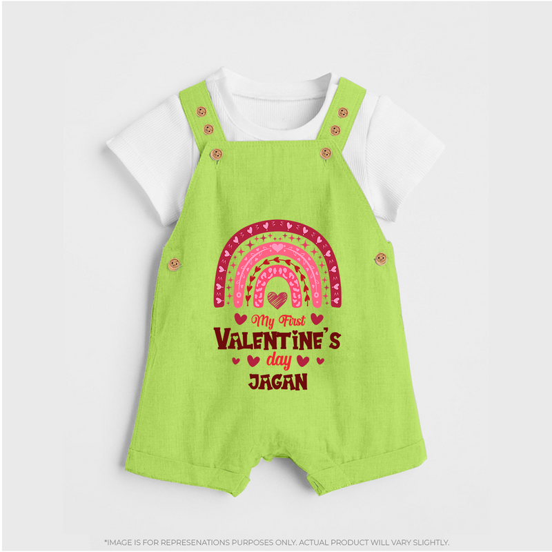 My First Valentine's Day - Writing Our Love Story Customized Dungaree Set For Kids With Name - GREEN - 0 - 5 Months Old (Chest 18")