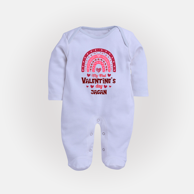 My First Valentine's Day - Writing Our Love Story Customized Sleep Suit For Babies With Name - BABY BLUE - New Born (Chest 7.5")