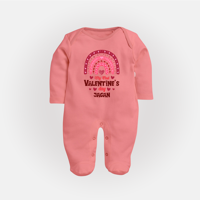 My First Valentine's Day - Writing Our Love Story Customized Sleep Suit For Babies With Name - PEACH - New Born (Chest 7.5")