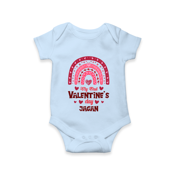 My First Valentine's Day - Writing Our Love Story Customized Romper For Babies With Name - BABY BLUE - 0 - 3 Months Old (Chest 16")