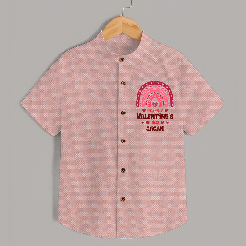 My First Valentine's Day - Writing Our Love Story Customized Shirt For Kids With Name - PEACH - 0 - 6 Months Old (Chest 23")