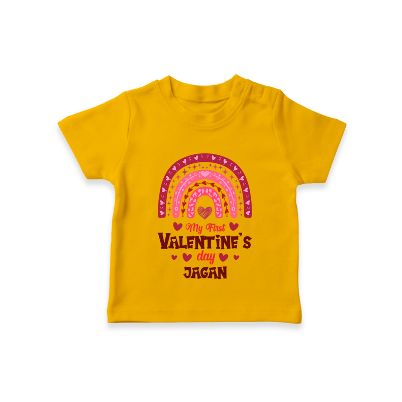 My First Valentine's Day - Writing Our Love Story Customized T-Shirt For Kids With Name - CHROME YELLOW - 0-5 Months Old (Chest 17")