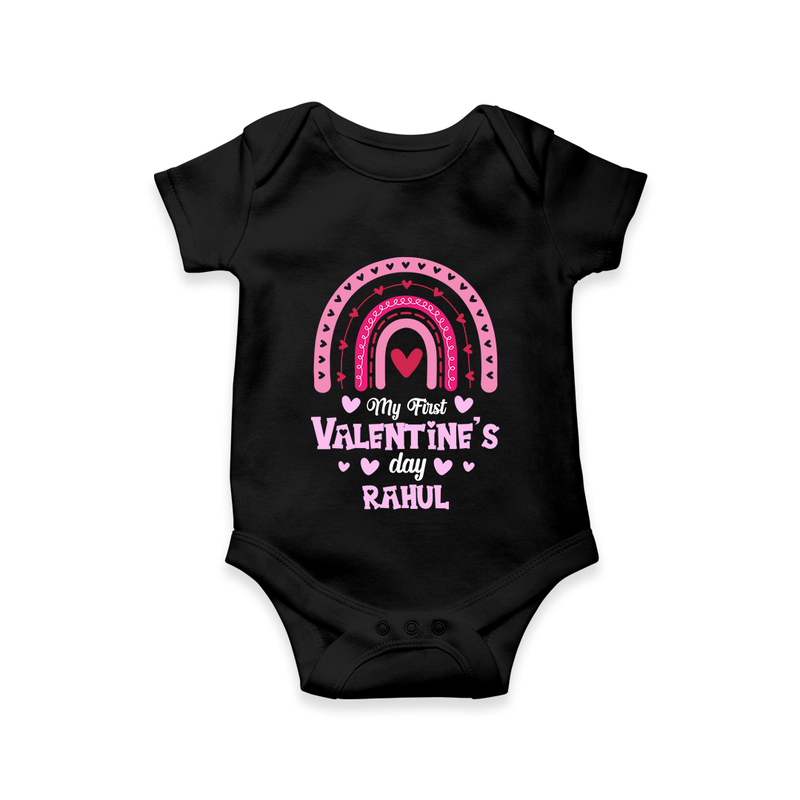 My First Valentine's Day - Writing Our Love Story Customized Romper For Babies With Name - BLACK - 0 - 3 Months Old (Chest 16")