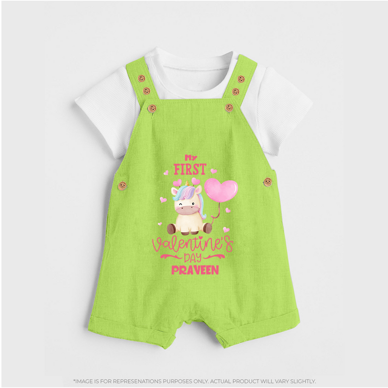 My First Valentine's Day - A Journey to Heartfelt Memories Customized Dungaree Set For Kids With Name - GREEN - 0 - 5 Months Old (Chest 18")