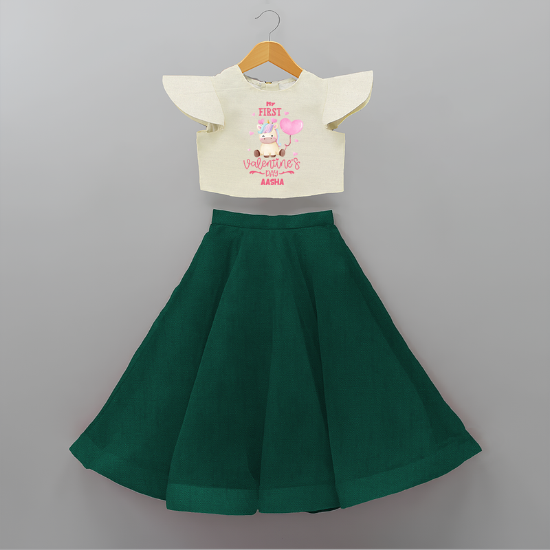 My First Valentine's Day - A Journey to Heartfelt Memories Customized Crop Top And Skirt For Kids With Name - BOTTLE GREEN - 6 - 9 Months Old (Chest 20" , Frock Waist 20")