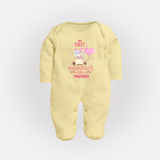 My First Valentine's Day - A Journey to Heartfelt Memories Customized Sleep Suit For Babies With Name - PASTEL YELLOW - New Born (Chest 7.5")