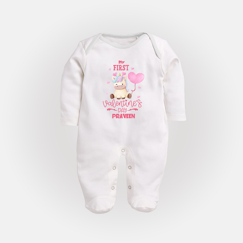 My First Valentine's Day - A Journey to Heartfelt Memories Customized Sleep Suit For Babies With Name - WHITE - New Born (Chest 7.5")