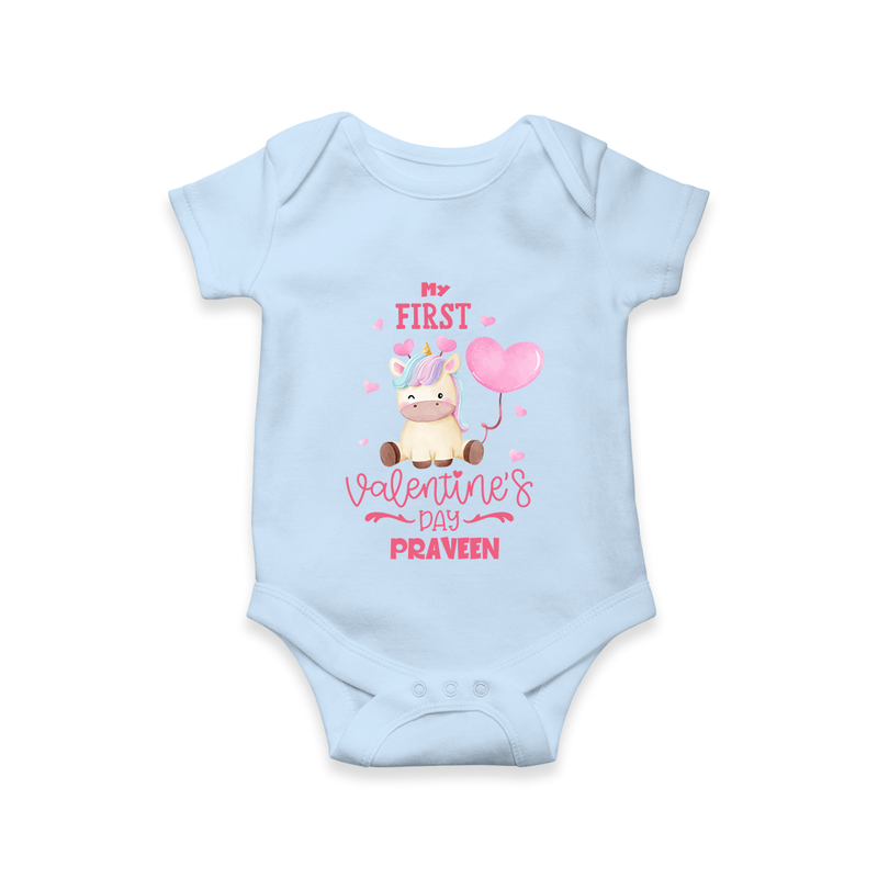 My First Valentine's Day - A Journey to Heartfelt Memories Customized Romper For Babies With Name - BABY BLUE - 0 - 3 Months Old (Chest 16")