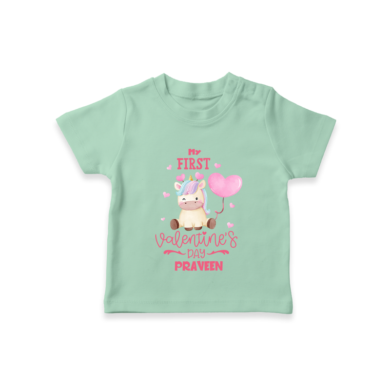 My First Valentine's Day - A Journey to Heartfelt Memories Customized T-Shirt For Kids With Name - MINT GREEN - 0-5 Months Old (Chest 17")