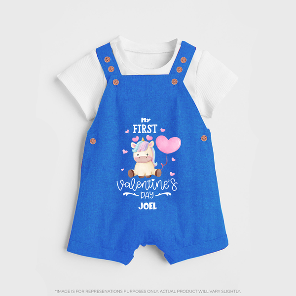 My First Valentine's Day - A Journey to Heartfelt Memories Customized Dungaree Set For Kids With Name - COBALT BLUE - 0 - 5 Months Old (Chest 18")