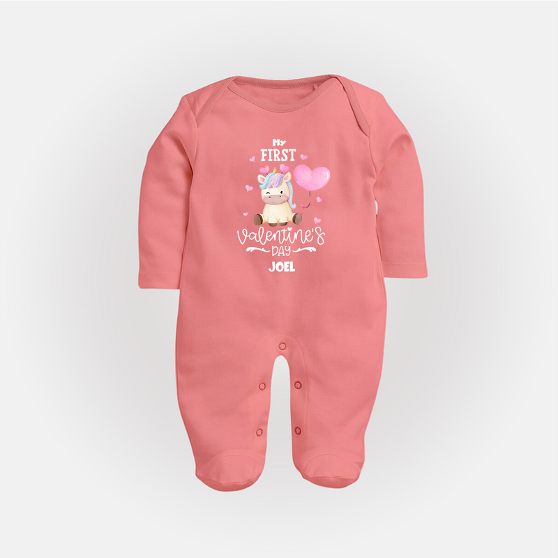 My First Valentine's Day - A Journey to Heartfelt Memories Customized Sleep Suit For Babies With Name - PEACH - New Born (Chest 7.5")