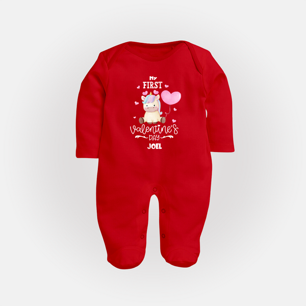 My First Valentine's Day - A Journey to Heartfelt Memories Customized Sleep Suit For Babies With Name - RED - New Born (Chest 7.5")