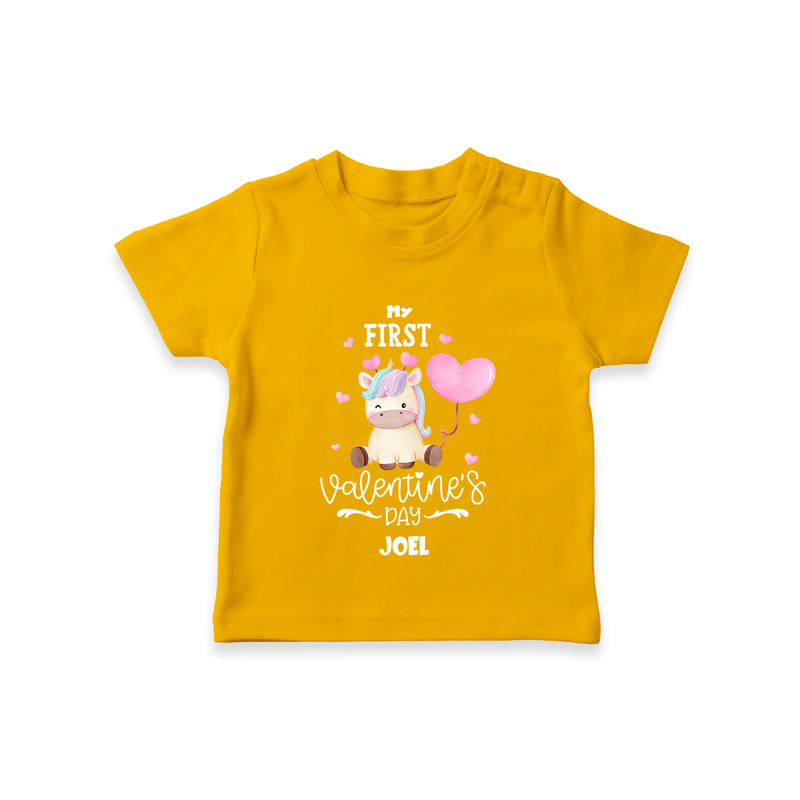 My First Valentine's Day - A Journey to Heartfelt Memories Customized T-Shirt For Kids With Name - CHROME YELLOW - 0-5 Months Old (Chest 17")