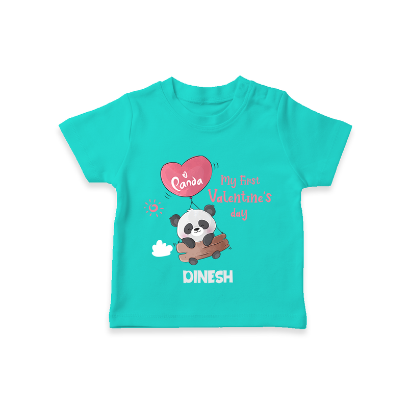 My First Valentine's Day - A Heartwarming Celebration Customized T-Shirt For Kids With Name - TEAL - 0-5 Months Old (Chest 17")