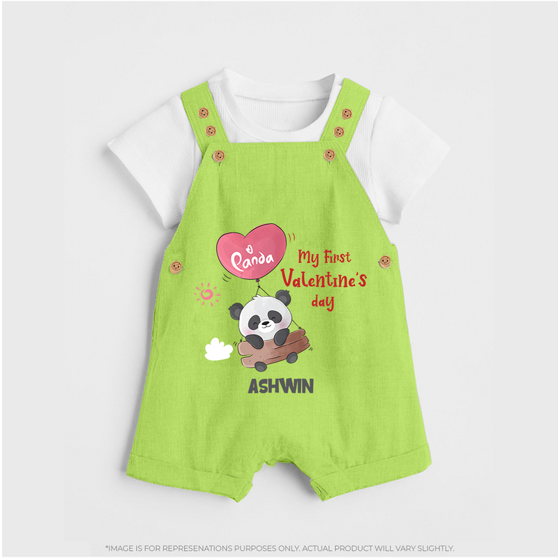 My First Valentine's Day - A Heartwarming Celebration Customized Dungaree Set For Kids With Name - GREEN - 0 - 5 Months Old (Chest 18")