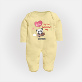 My First Valentine's Day - A Heartwarming Celebration Customized Sleep Suit For Babies With Name - PASTEL YELLOW - New Born (Chest 7.5")