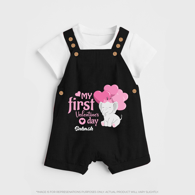 My First Valentine's Day - The Start of Something Beautiful Customized Dungaree Set For Kids With Name - BLACK - 0 - 5 Months Old (Chest 18")