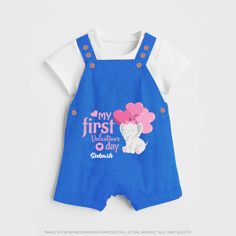 My First Valentine's Day - The Start of Something Beautiful Customized Dungaree Set For Kids With Name - COBALT BLUE - 0 - 5 Months Old (Chest 18")