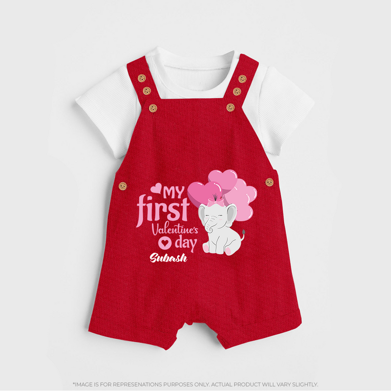 My First Valentine's Day - The Start of Something Beautiful Customized Dungaree Set For Kids With Name - RED - 0 - 5 Months Old (Chest 18")