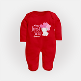 My First Valentine's Day - The Start of Something Beautiful Customized Sleep Suit For Babies With Name - RED - New Born (Chest 7.5")