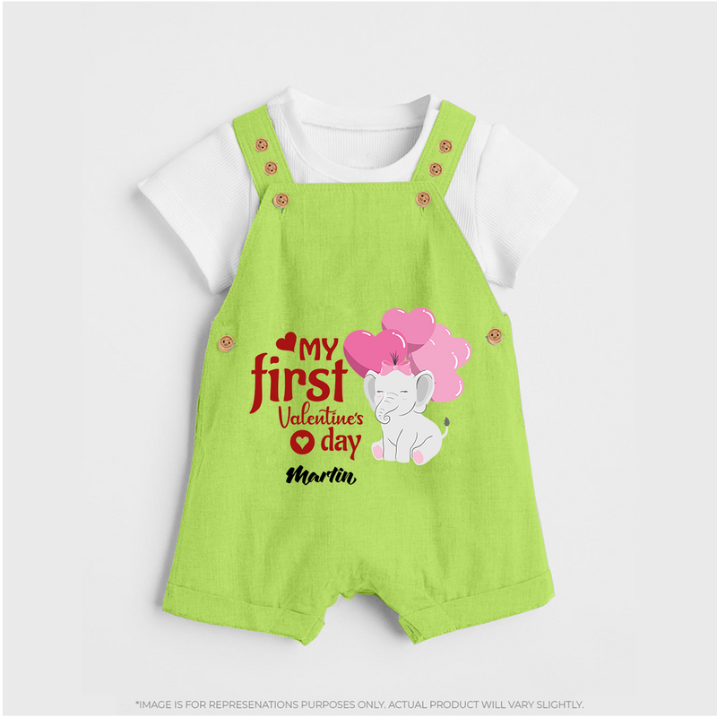 My First Valentine's Day - The Start of Something Beautiful Customized Dungaree Set For Kids With Name - GREEN - 0 - 5 Months Old (Chest 18")