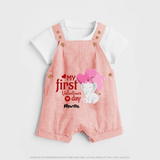 My First Valentine's Day - The Start of Something Beautiful Customized Dungaree Set For Kids With Name - PEACH - 0 - 5 Months Old (Chest 18")