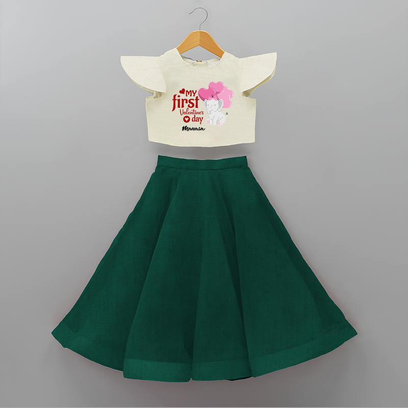 My First Valentine's Day - The Start of Something Beautiful Customized Crop Top And Skirt For Kids With Name - BOTTLE GREEN - 6 - 9 Months Old (Chest 20" , Frock Waist 20")