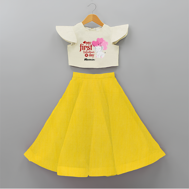 My First Valentine's Day - The Start of Something Beautiful Customized Crop Top And Skirt For Kids With Name - YELLOW - 6 - 9 Months Old (Chest 20" , Frock Waist 20")