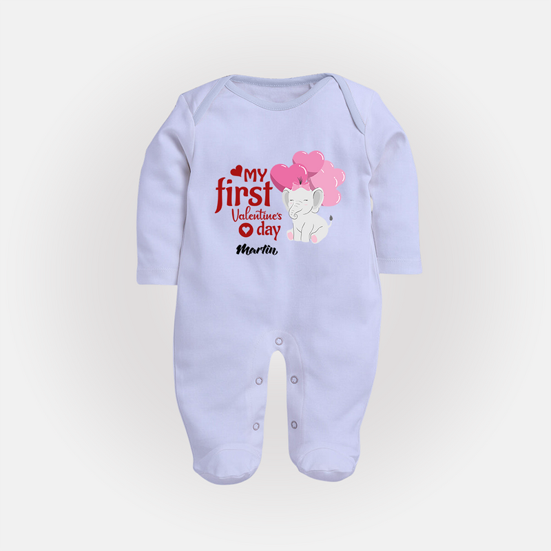 My First Valentine's Day - The Start of Something Beautiful Customized Sleep Suit For Babies With Name - BABY BLUE - New Born (Chest 7.5")