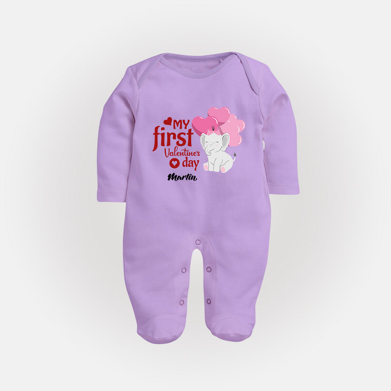 My First Valentine's Day - The Start of Something Beautiful Customized Sleep Suit For Babies With Name - LILAC - New Born (Chest 7.5")