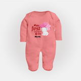 My First Valentine's Day - The Start of Something Beautiful Customized Sleep Suit For Babies With Name - PEACH - New Born (Chest 7.5")