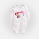 My First Valentine's Day - The Start of Something Beautiful Customized Sleep Suit For Babies With Name - WHITE - New Born (Chest 7.5")