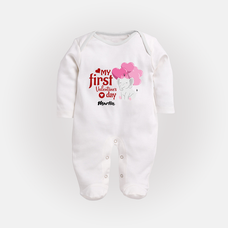 My First Valentine's Day - The Start of Something Beautiful Customized Sleep Suit For Babies With Name - WHITE - New Born (Chest 7.5")