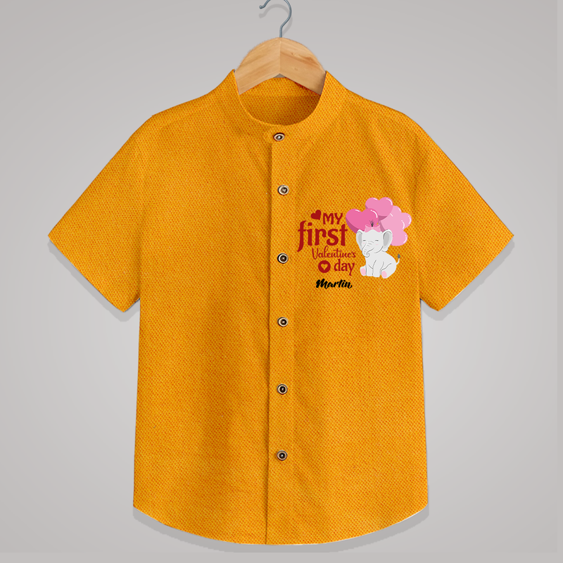 My First Valentine's Day - The Start of Something Beautiful Customized Shirt For Kids With Name - CHROME YELLOW - 0 - 6 Months Old (Chest 23")