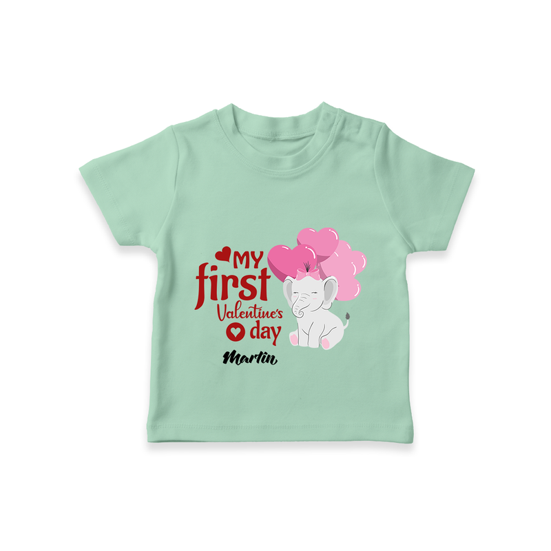 My First Valentine's Day - The Start of Something Beautiful Customized T-Shirt For Kids With Name - MINT GREEN - 0-5 Months Old (Chest 17")