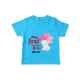 My First Valentine's Day - The Start of Something Beautiful Customized T-Shirt For Kids With Name - SKY BLUE - 0-5 Months Old (Chest 17")