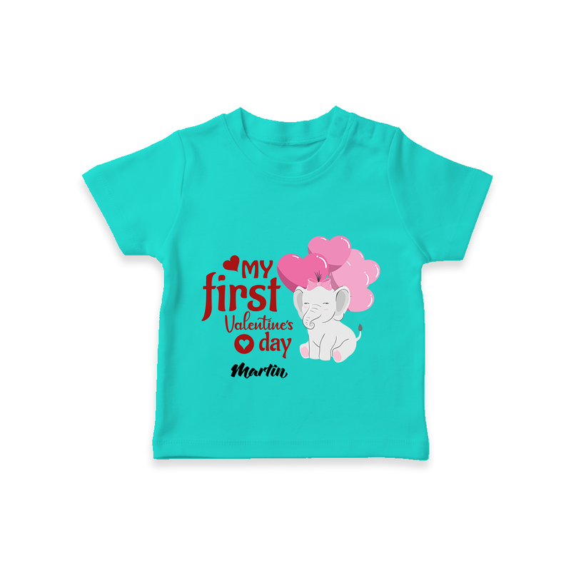 My First Valentine's Day - The Start of Something Beautiful Customized T-Shirt For Kids With Name - TEAL - 0-5 Months Old (Chest 17")