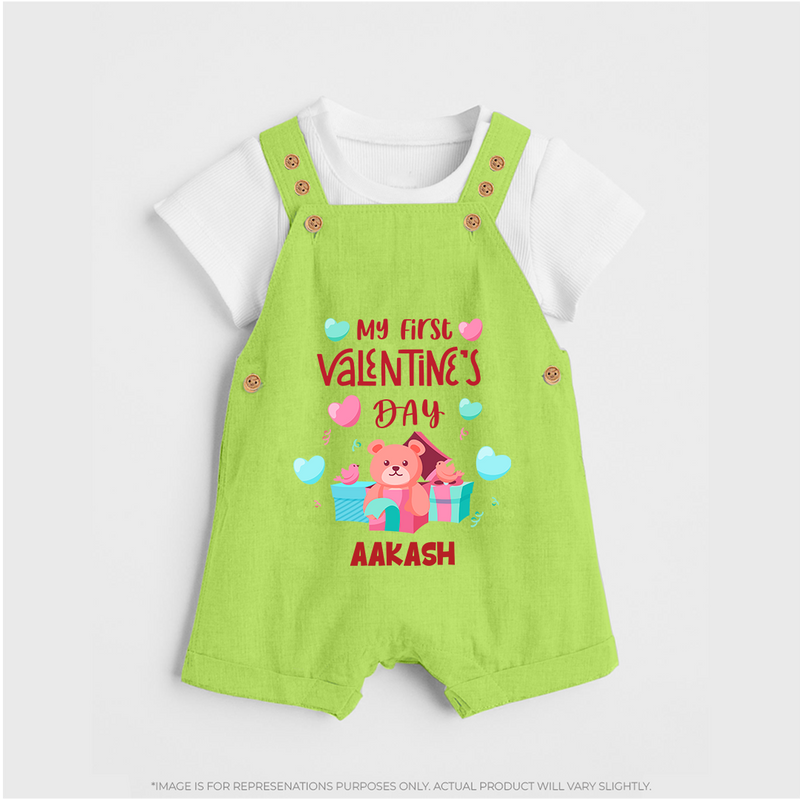 My First Valentine's Day - A Love Worth Celebrating Customized Dungaree Set For Kids With Name - GREEN - 0 - 5 Months Old (Chest 18")