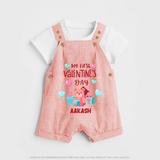 My First Valentine's Day - A Love Worth Celebrating Customized Dungaree Set For Kids With Name - PEACH - 0 - 5 Months Old (Chest 18")