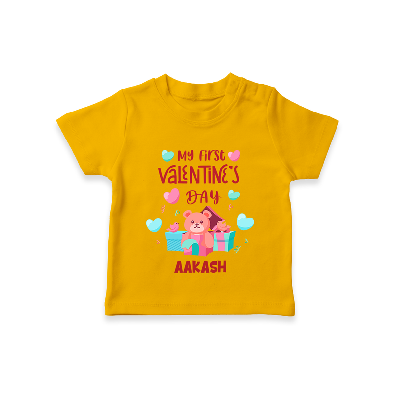 My First Valentine's Day - A Love Worth Celebrating Customized T-Shirt For Kids With Name - CHROME YELLOW - 0-5 Months Old (Chest 17")