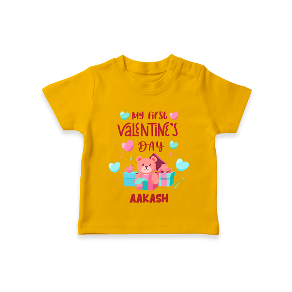 My First Valentine's Day - A Love Worth Celebrating Customized T-Shirt For Kids With Name - CHROME YELLOW - 0-5 Months Old (Chest 17")