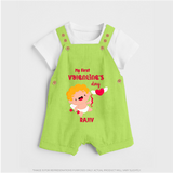 My First Valentine's Day - A Day Full of Sweet Surprises Customized Dungaree Set For Kids With Name - GREEN - 0 - 5 Months Old (Chest 18")