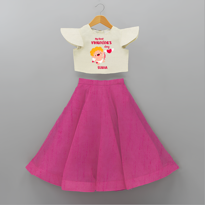 My First Valentine's Day - A Day Full of Sweet Surprises Customized Crop Top And Skirt For Kids With Name - FUSCHIA - 6 - 9 Months Old (Chest 20" , Frock Waist 20")