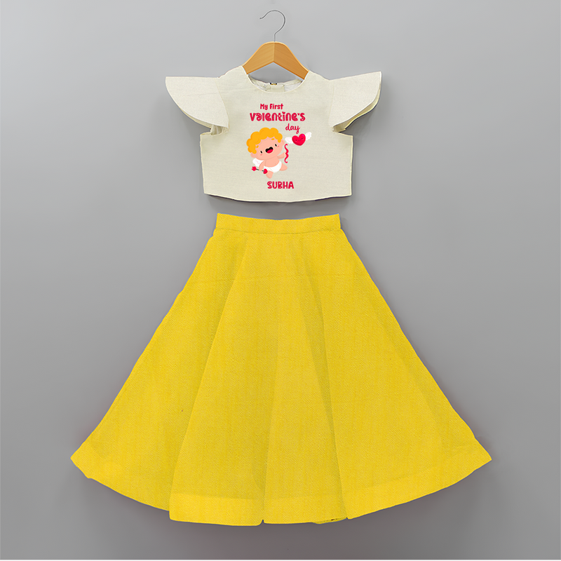 My First Valentine's Day - A Day Full of Sweet Surprises Customized Crop Top And Skirt For Kids With Name - YELLOW - 6 - 9 Months Old (Chest 20" , Frock Waist 20")