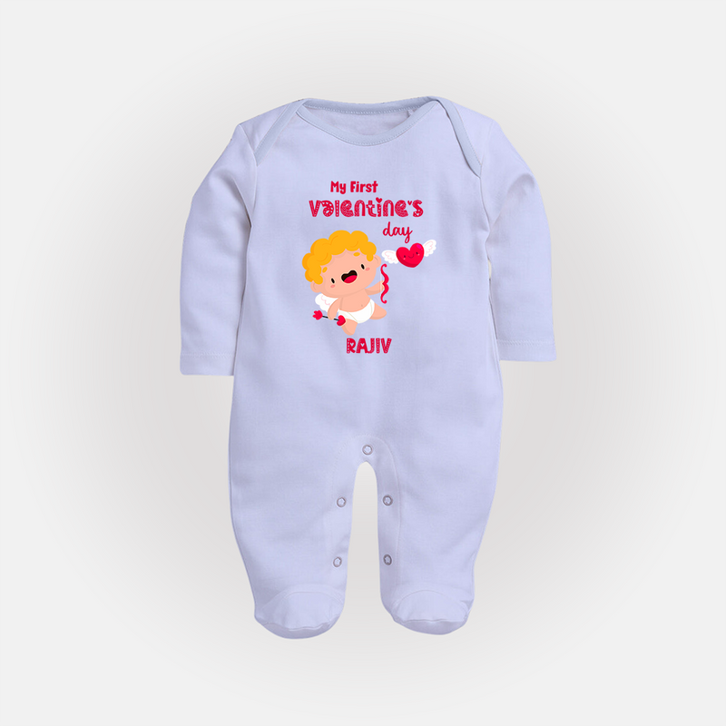 My First Valentine's Day - A Day Full of Sweet Surprises Customized Sleep Suit For Babies With Name - BABY BLUE - New Born (Chest 7.5")