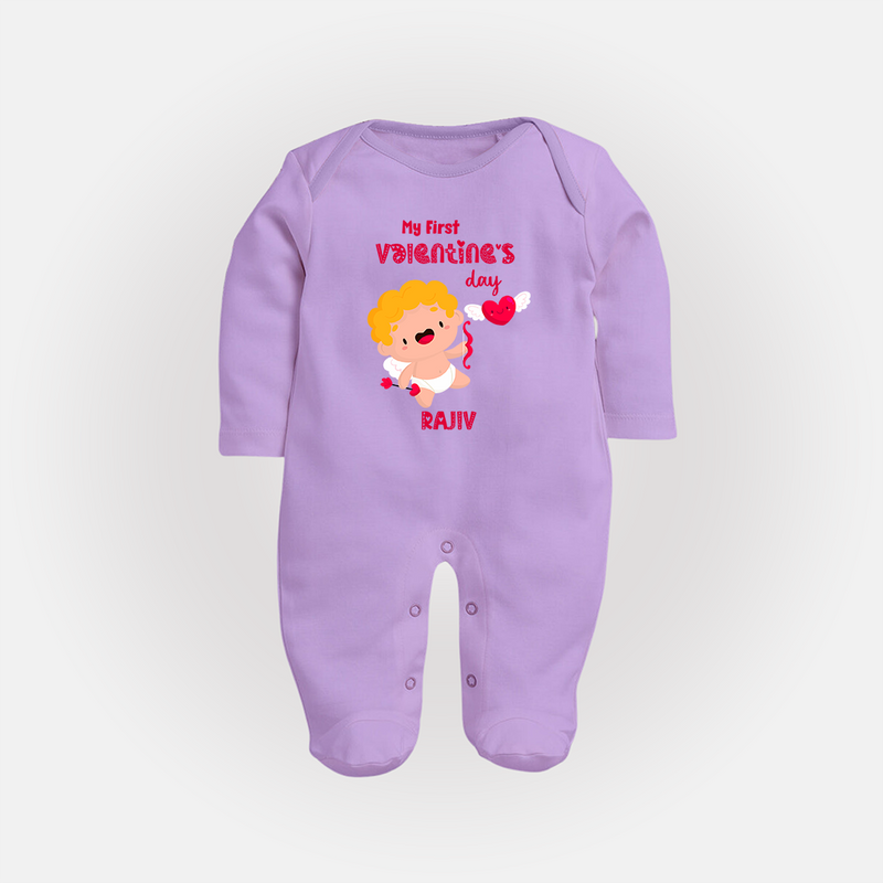 My First Valentine's Day - A Day Full of Sweet Surprises Customized Sleep Suit For Babies With Name - LILAC - New Born (Chest 7.5")