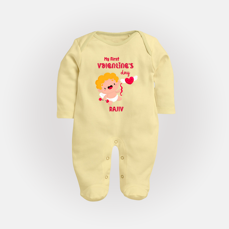 My First Valentine's Day - A Day Full of Sweet Surprises Customized Sleep Suit For Babies With Name - PASTEL YELLOW - New Born (Chest 7.5")