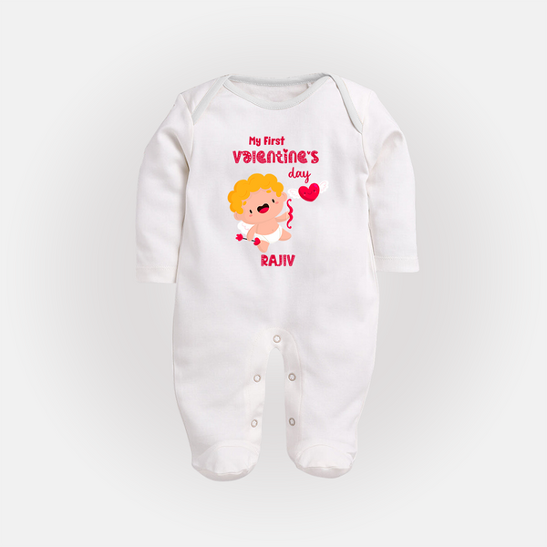 My First Valentine's Day - A Day Full of Sweet Surprises Customized Sleep Suit For Babies With Name - WHITE - New Born (Chest 7.5")