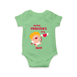 My First Valentine's Day - A Day Full of Sweet Surprises Customized Romper For Babies With Name - GREEN - 0 - 3 Months Old (Chest 16")